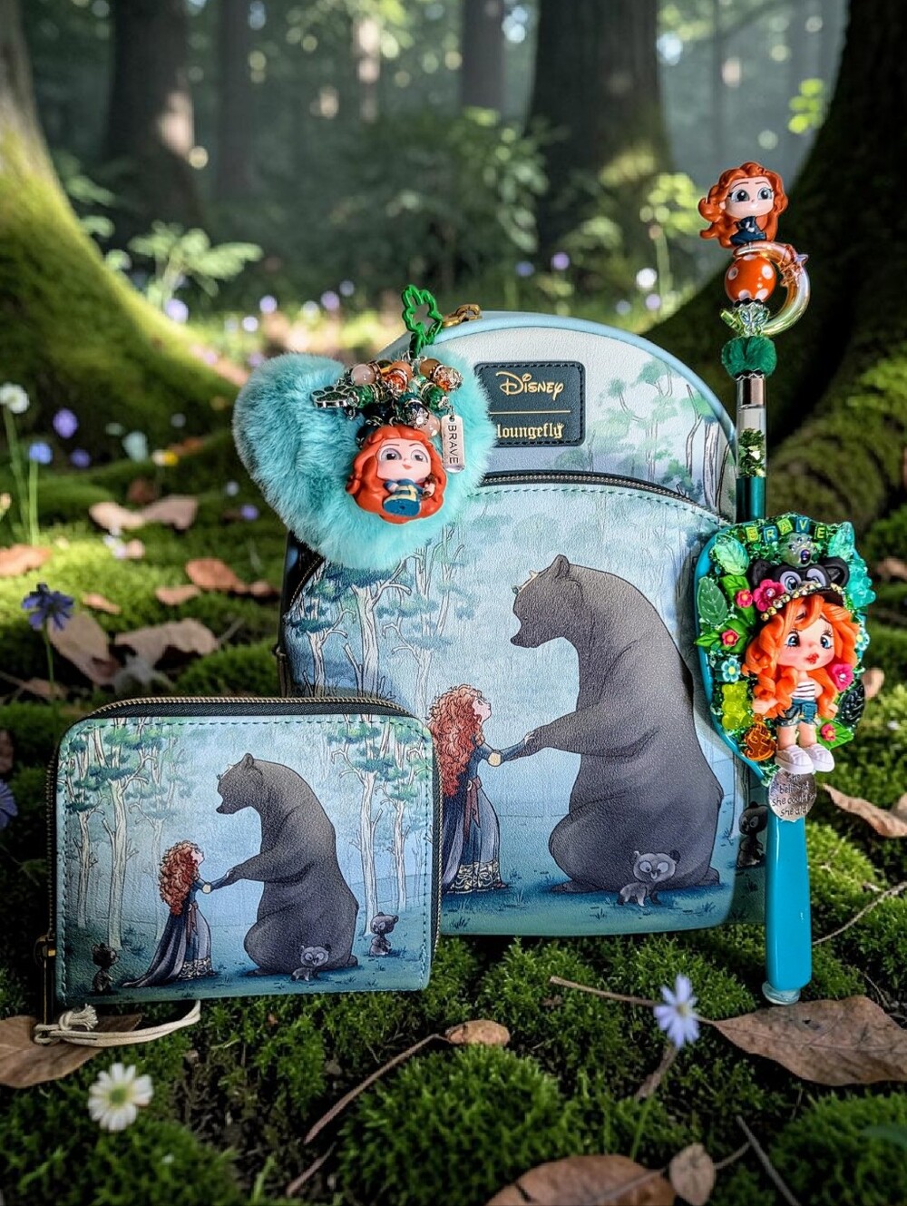 Loungefly Disney Pixar Brave Merida Bears Mini Backpack, Wallet,CHARM,Mirror&PEN